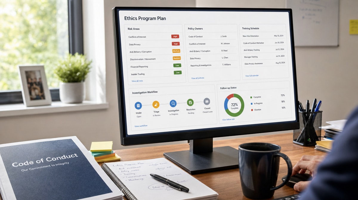 Ethics program planning dashboard on an office monitor