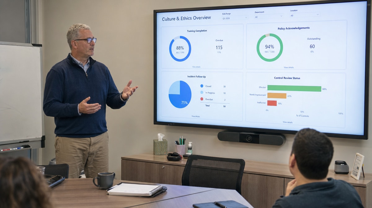 Manager presenting an ethics culture dashboard in a training room