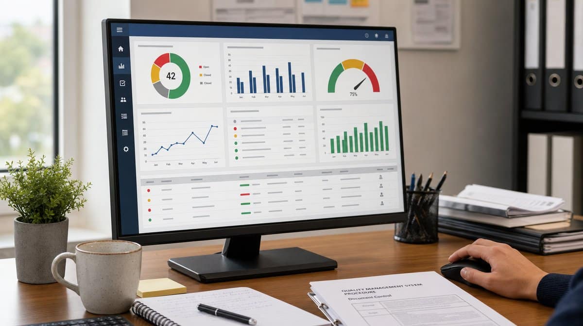 Quality management dashboard showing audit findings and compliance status