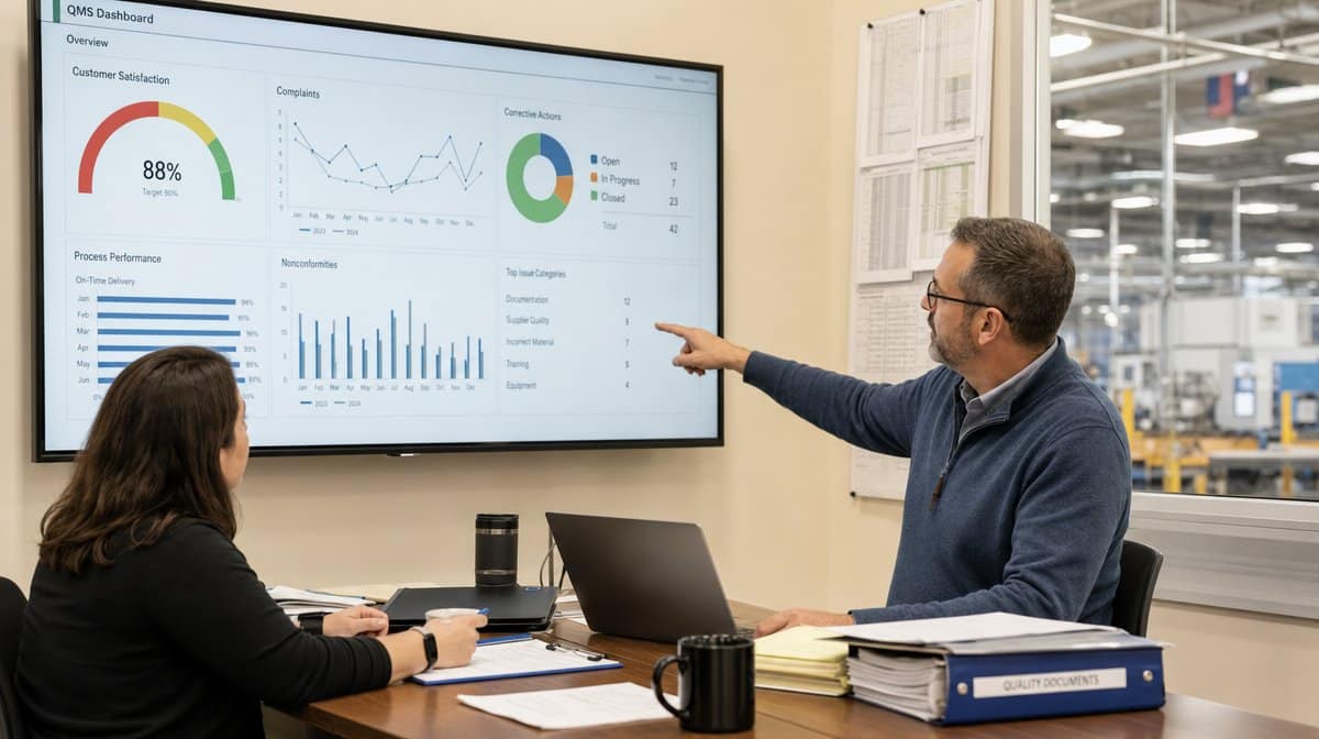 Operations managers reviewing QMS dashboard for customer satisfaction and performance