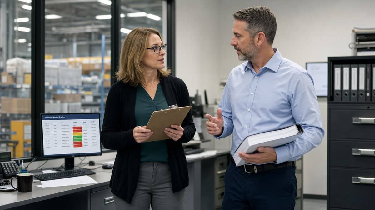 Quality auditor and manager discussing ISO 9001 corrective actions