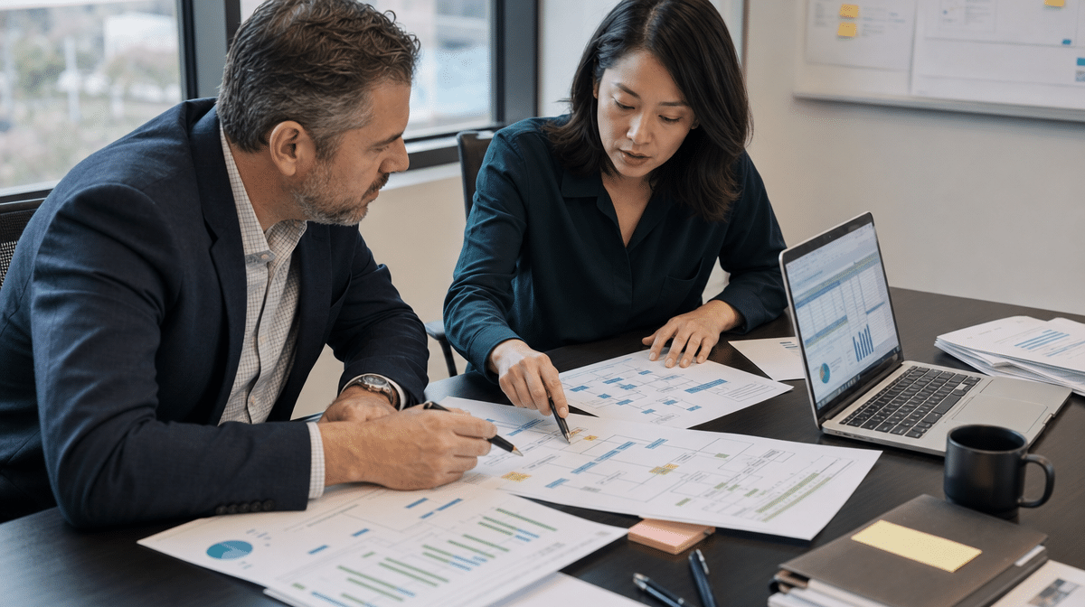 Consultants reviewing lead flow diagrams and marketing cost reports during a sales cycle audit