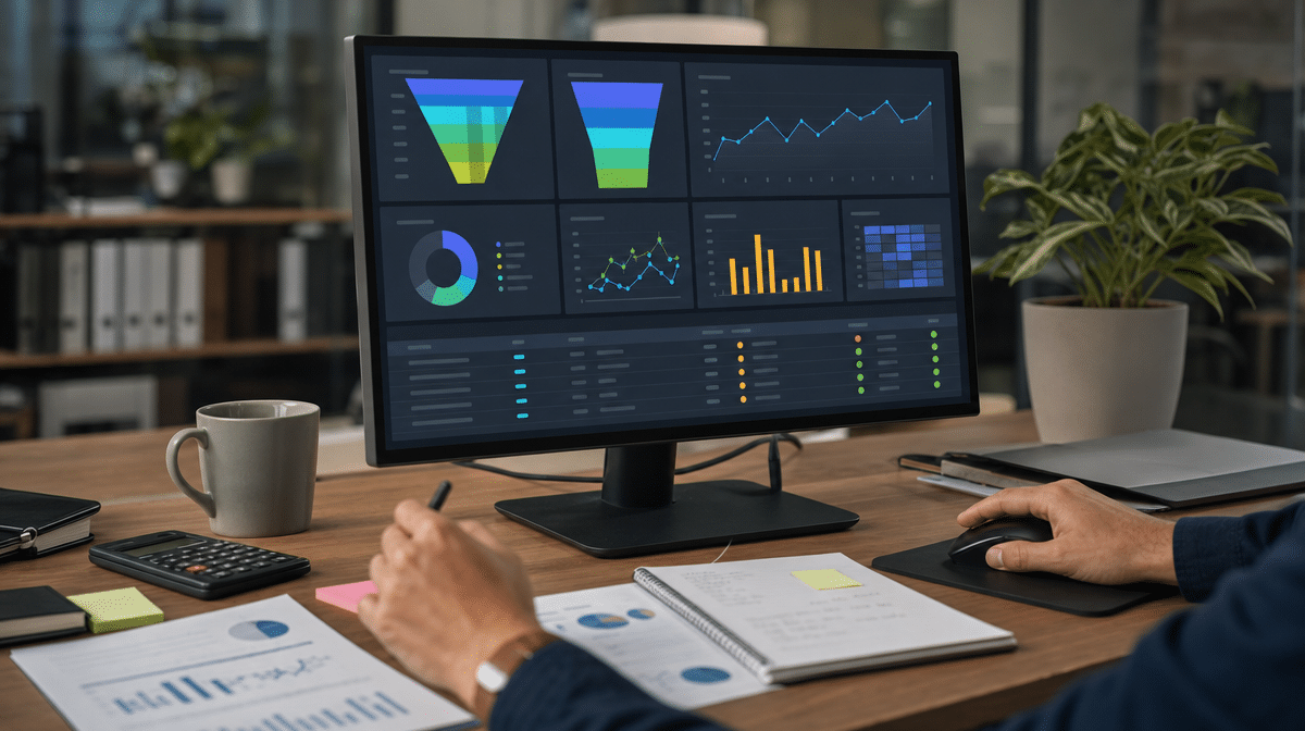 Sales pipeline dashboard on an office monitor with charts for marketing and sales process KPIs