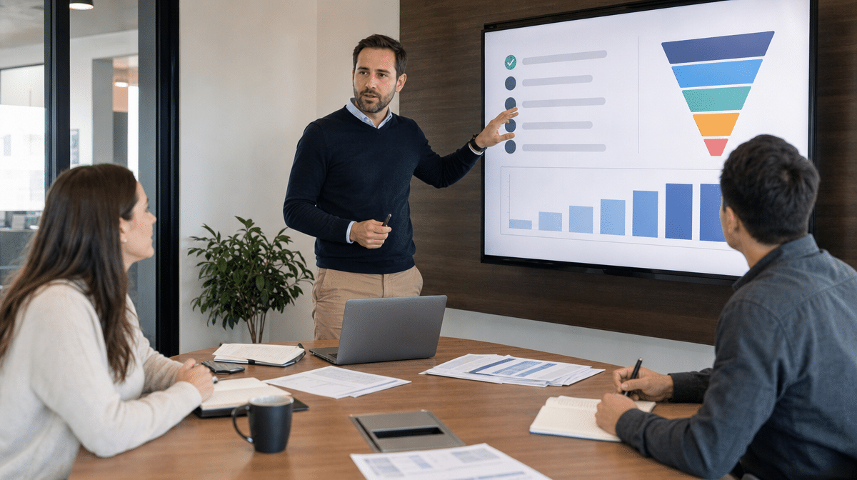 Sales manager coaching a team with a funnel chart and checklist on a meeting room display