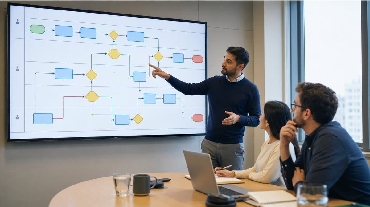 Workflow diagram for a credit approval process displayed during a team review