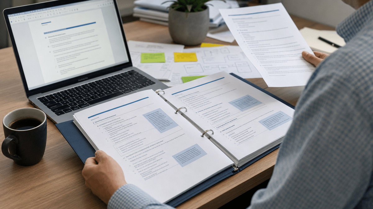 Manager reviewing procedure style guide standards beside a policy manual