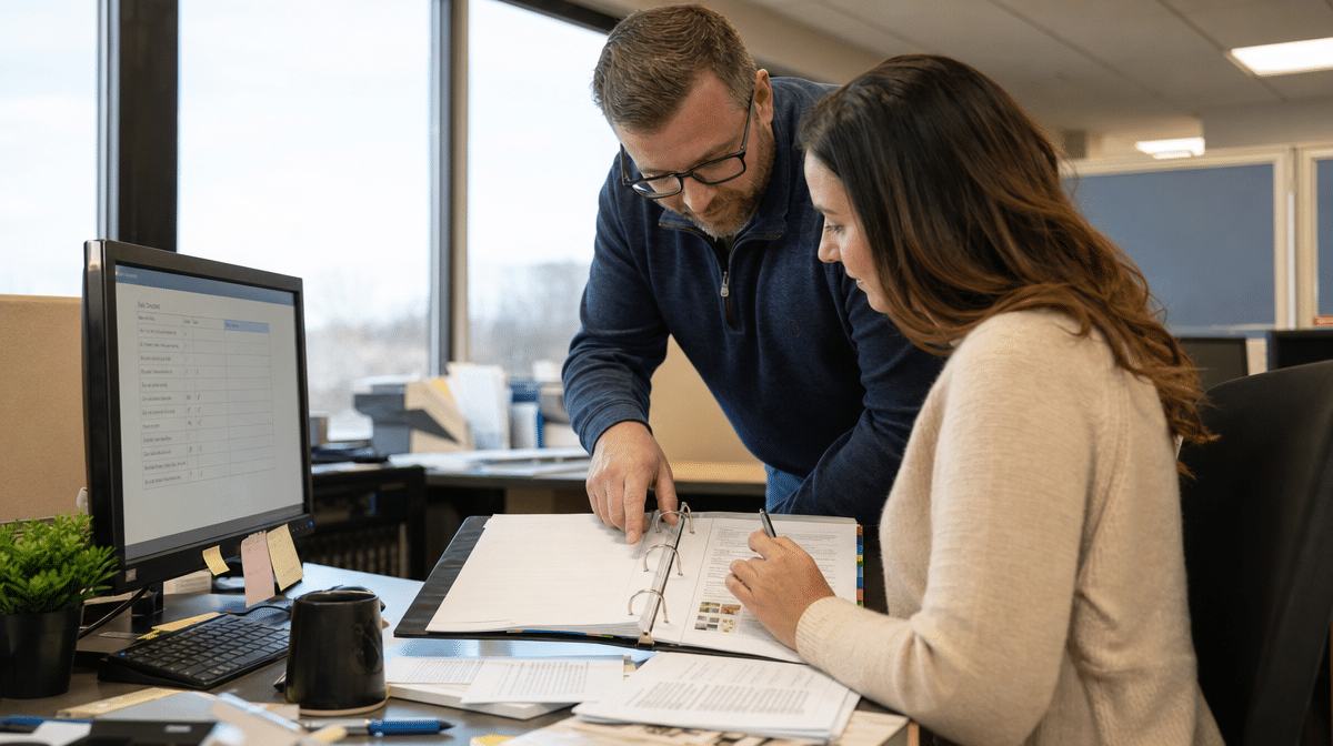 Supervisor training an employee with a procedures manual and checklist