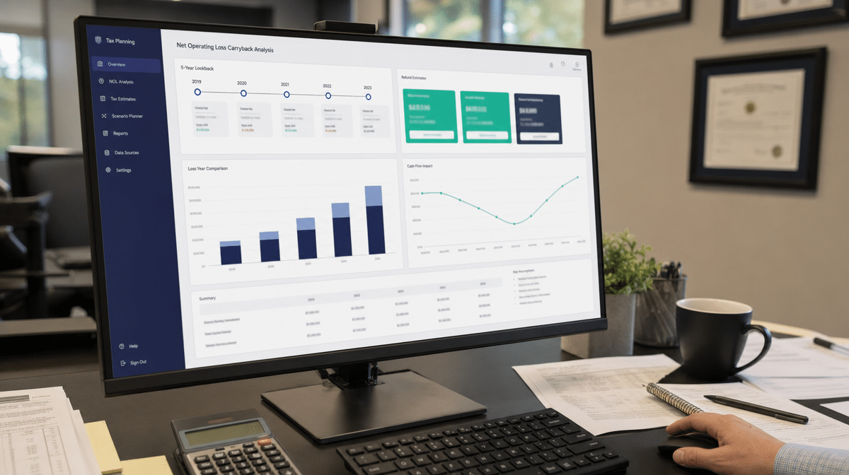 Tax planning dashboard showing net operating loss carryback analysis