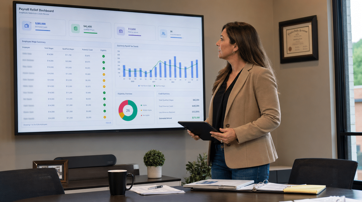 Payroll manager reviewing employee retention credit dashboard
