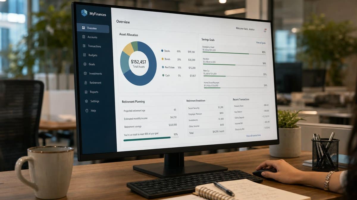 Personal finance dashboard showing asset allocation and retirement goals