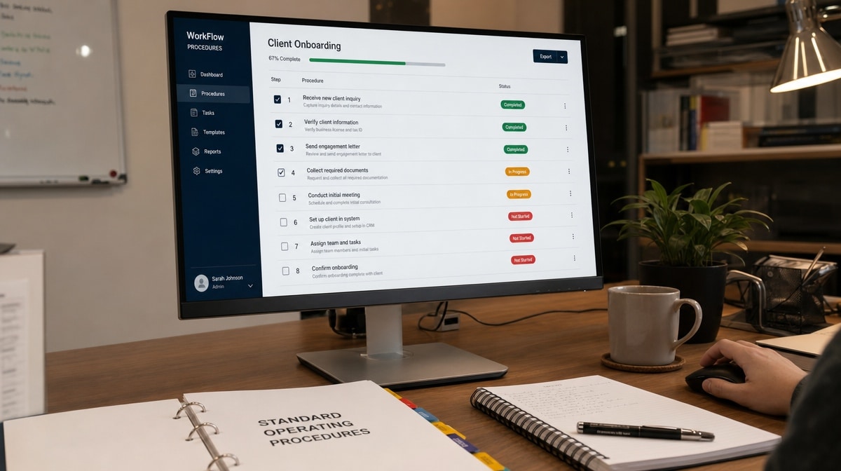 Standard operating procedures checklist dashboard on a desk monitor
