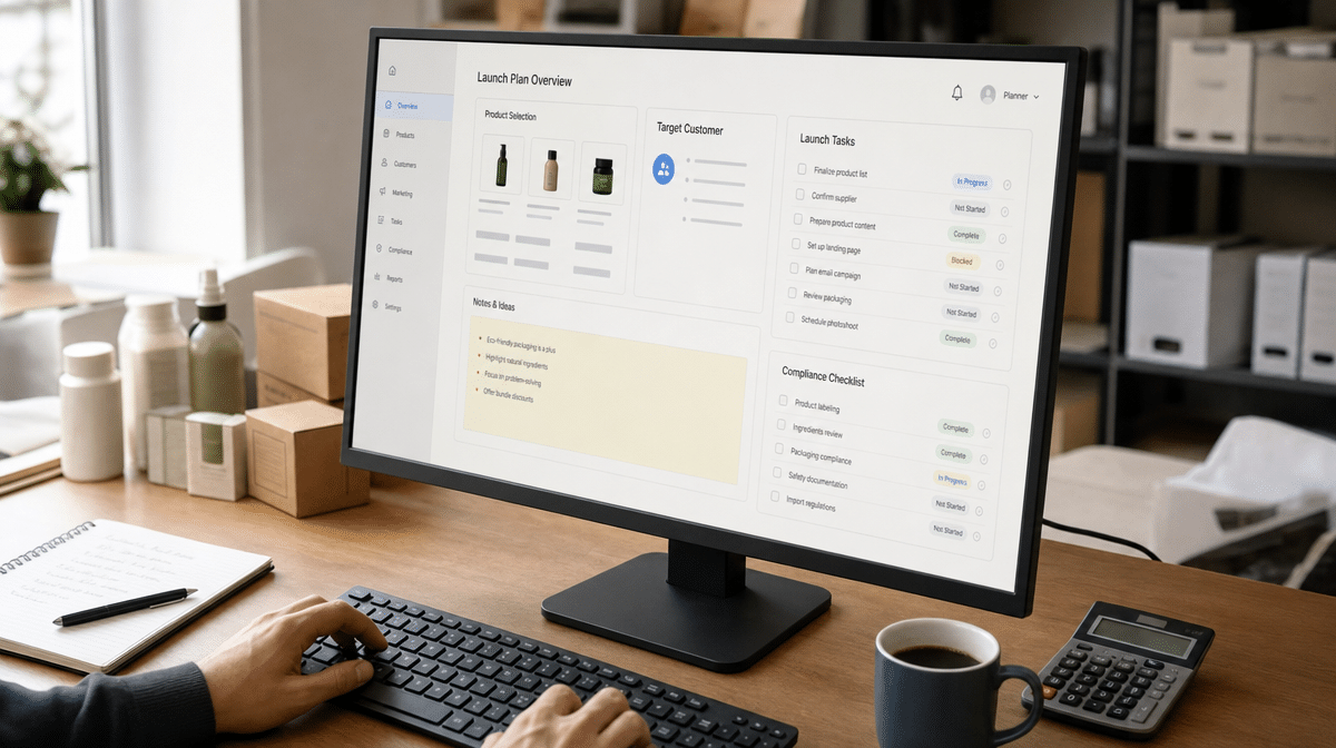 E-commerce launch planning dashboard on an office monitor