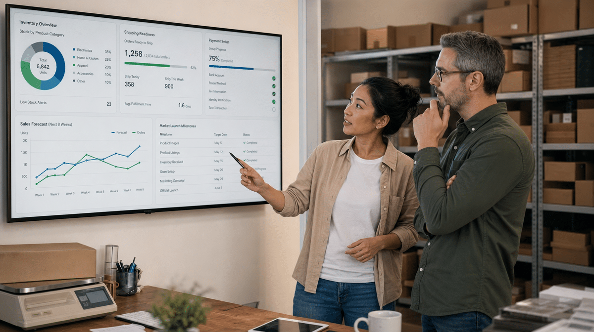 Business owners reviewing inventory and shipping readiness dashboard