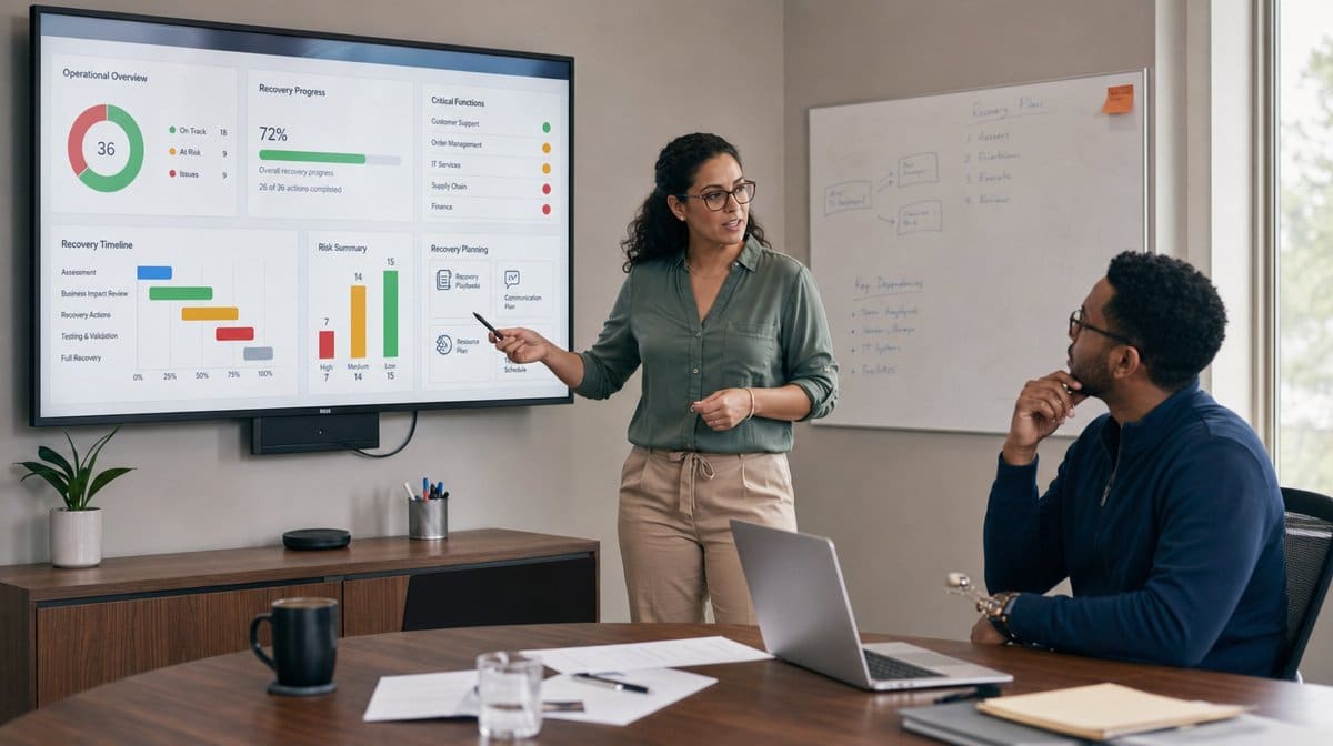 Operations lead reviews recovery progress dashboard with a colleague