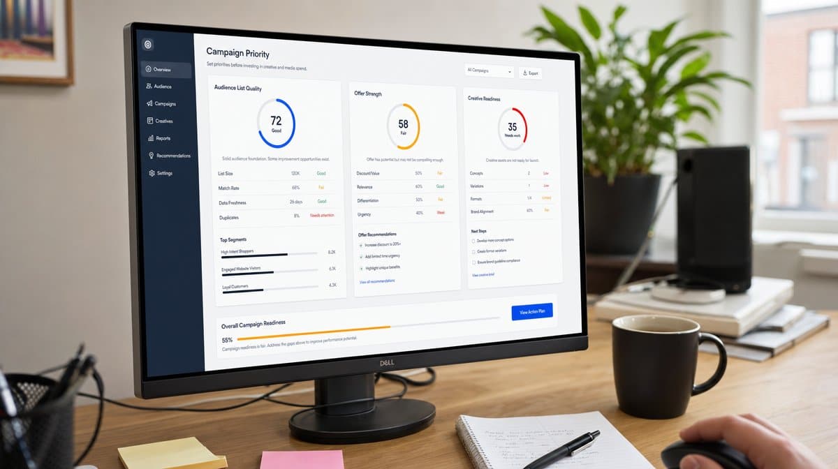 Marketing dashboard showing audience offer and creative priorities on a desk monitor