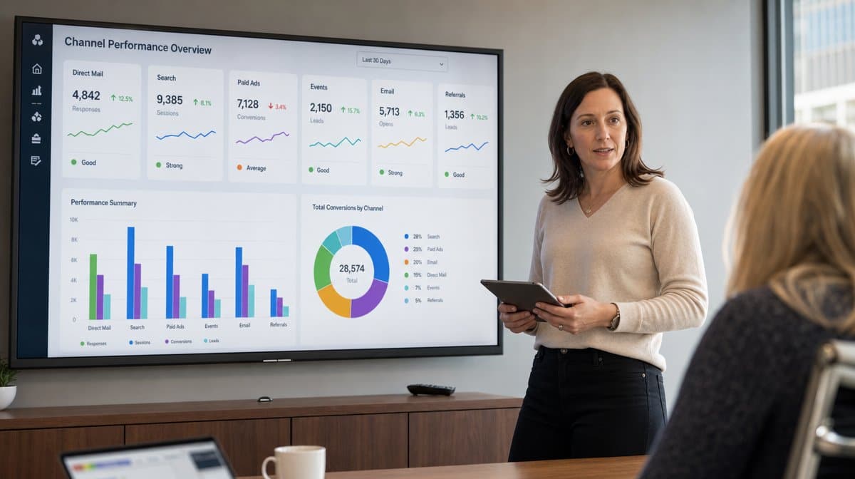 Marketing manager reviewing channel performance data on a wall mounted display