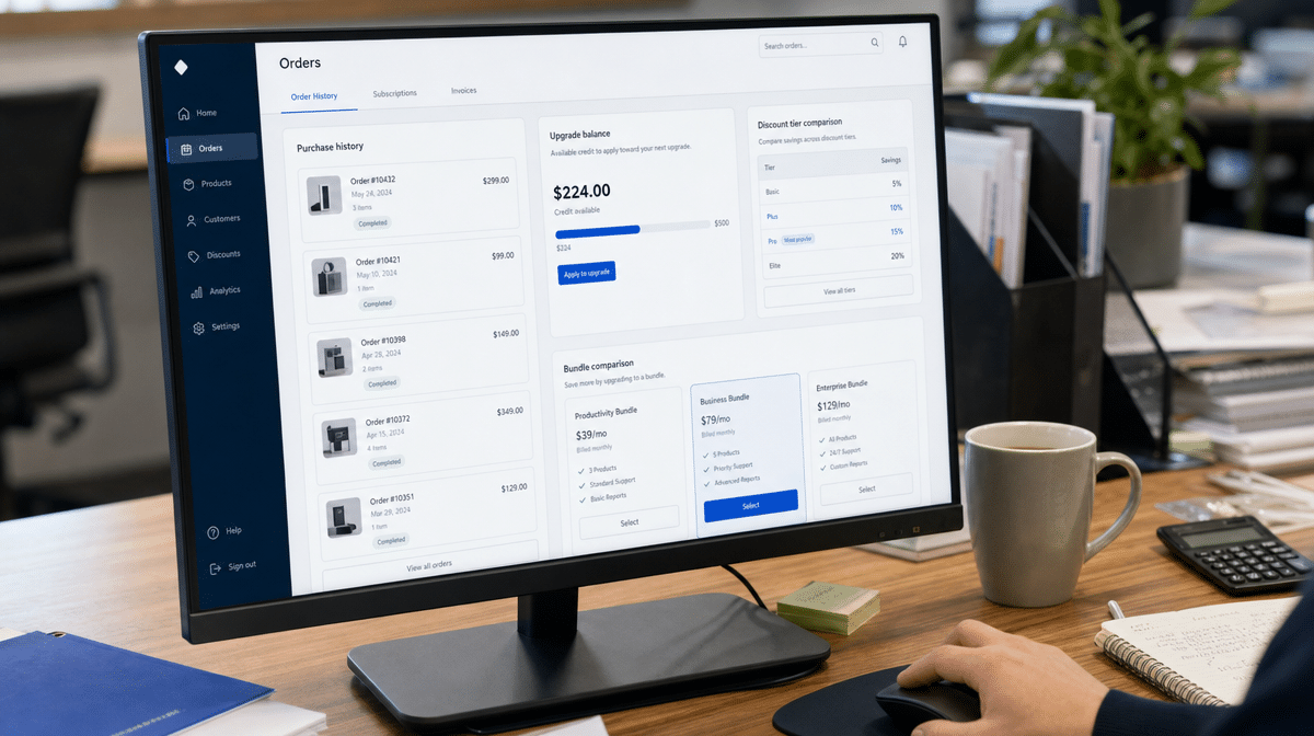 Order history dashboard showing policy manual upgrade and discount options
