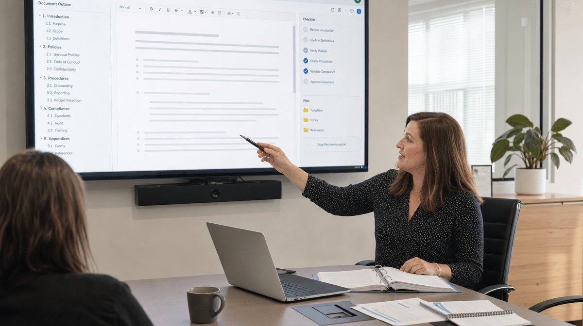 Office manager reviewing an editable policies and procedures document