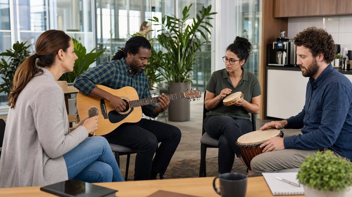 Employees playing music together during a workplace wellbeing break