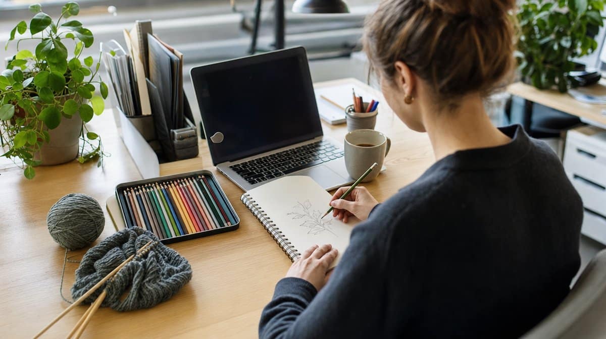 Employee drawing at a desk with quiet crafting materials nearby