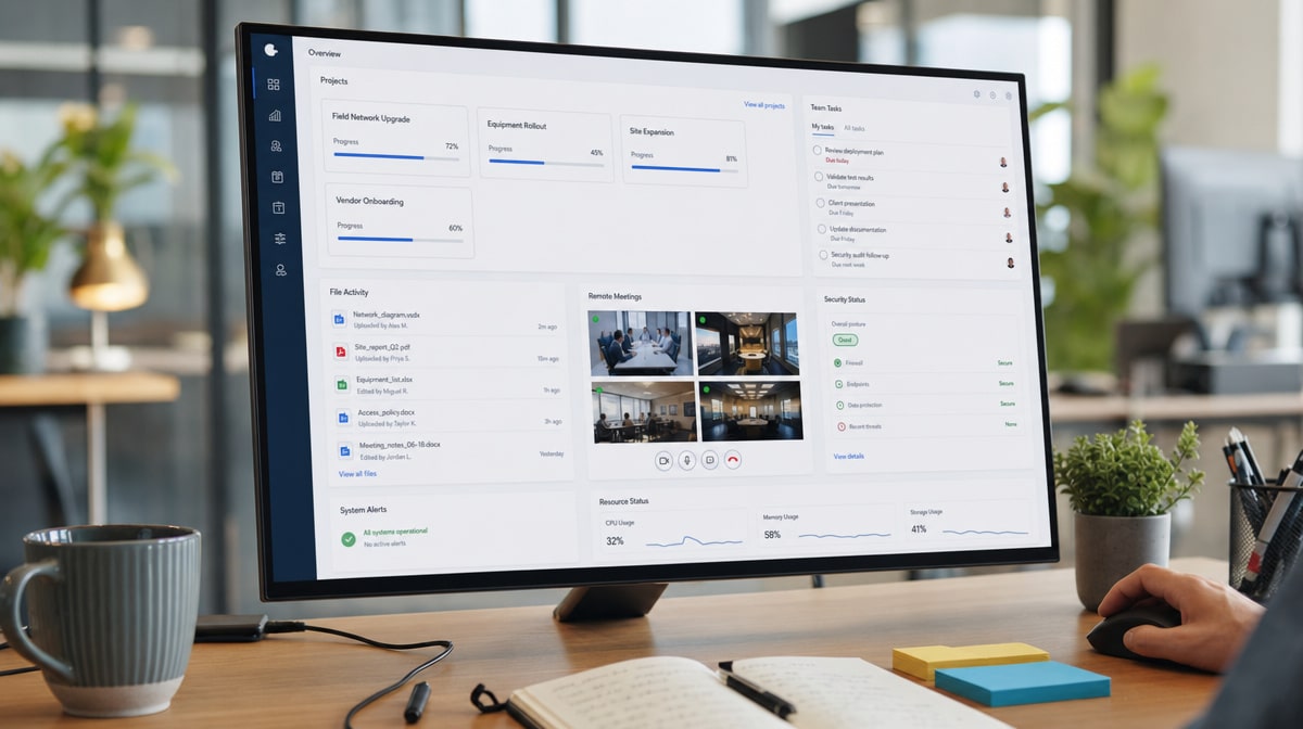 Remote work tools dashboard on an office monitor for files meetings security and team tasks