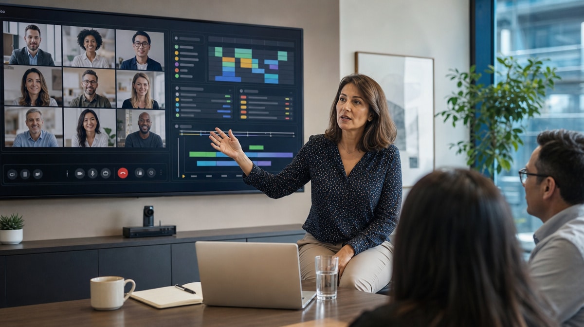 Manager reviewing a remote team communication dashboard during a video meeting