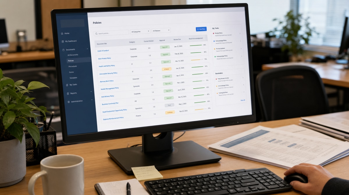 Policy management dashboard on a desk monitor showing approval tasks and version status