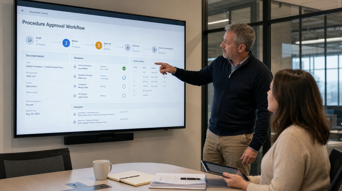 Operations manager reviewing an online procedure approval workflow on a large display
