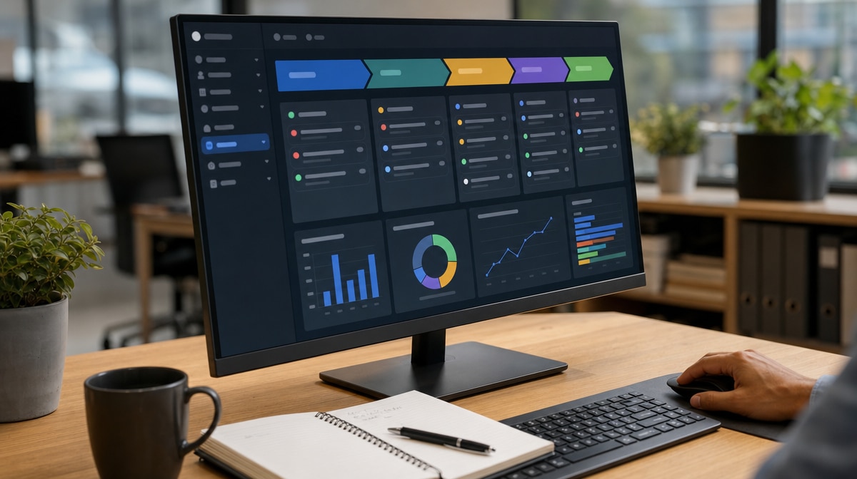Sales and marketing pipeline dashboard on an office monitor