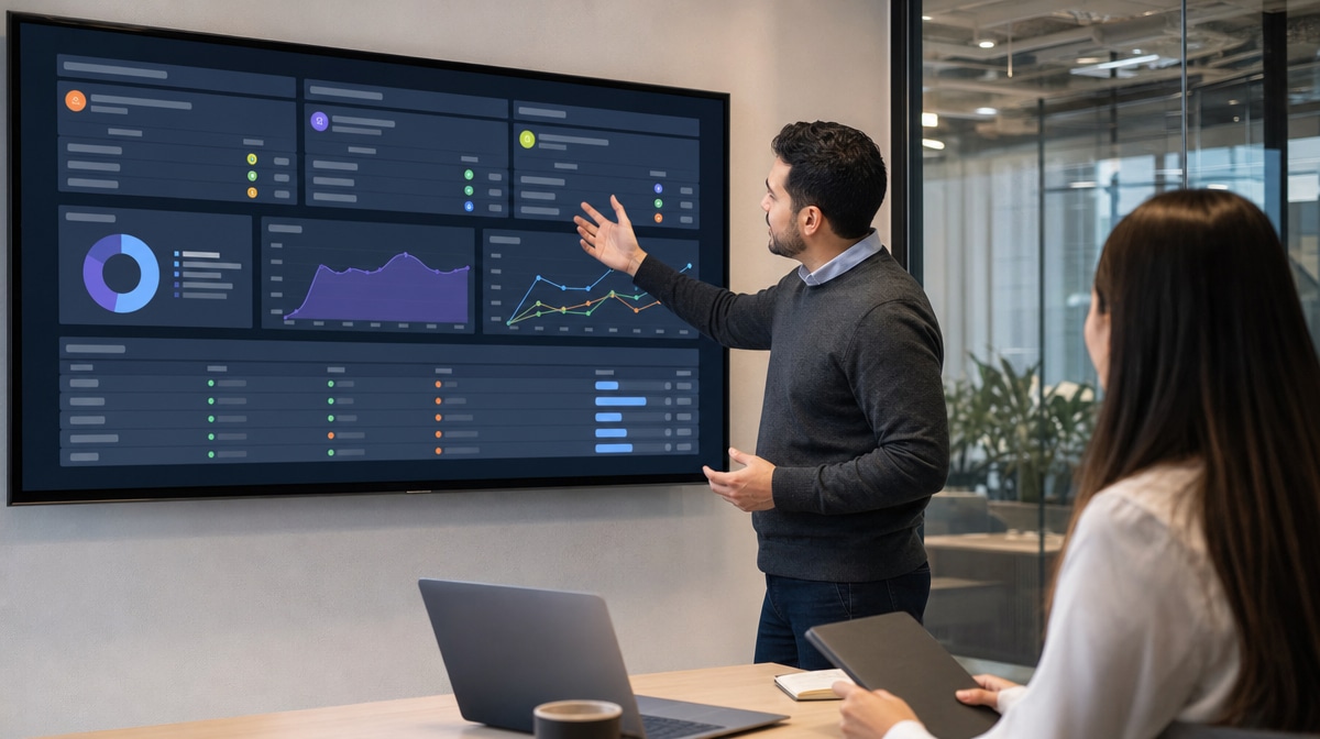 Manager reviewing sales and marketing handoff metrics