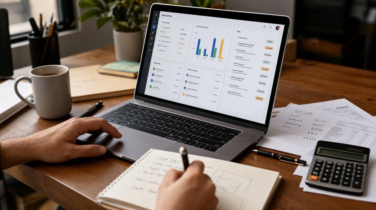 Laptop showing a simple business planning dashboard with startup cost notes on a desk