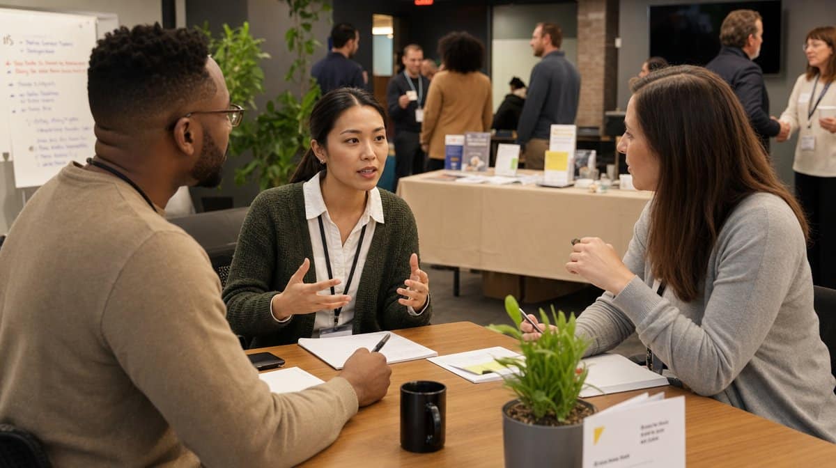 Small business owner discussing a startup idea at a local networking event