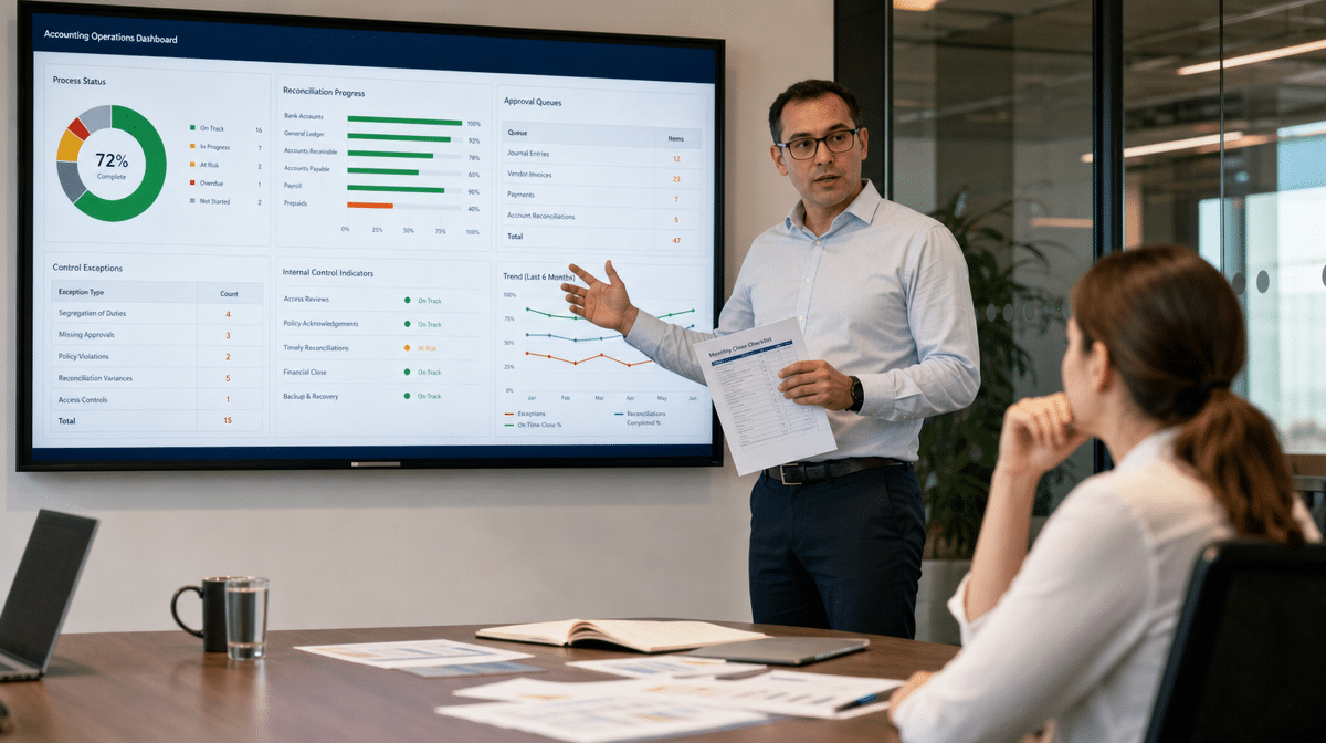 Controller reviewing an accounting operations dashboard during a management review