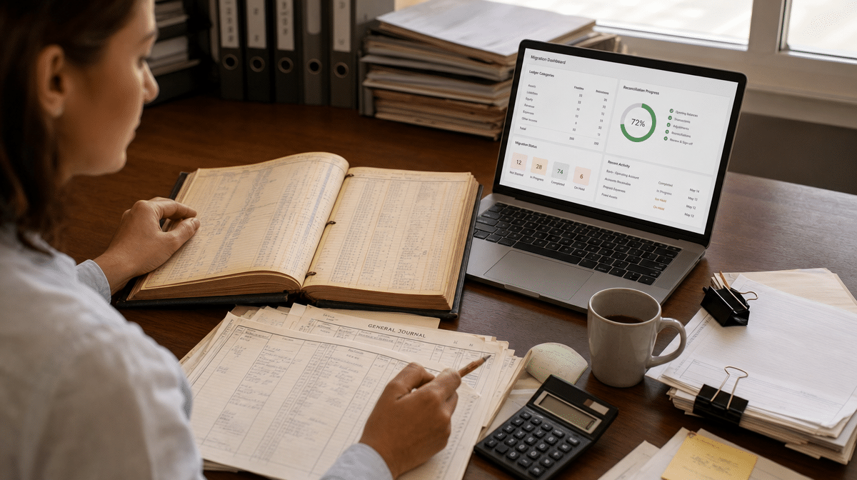 Accountant comparing manual ledgers with a digital accounting system dashboard
