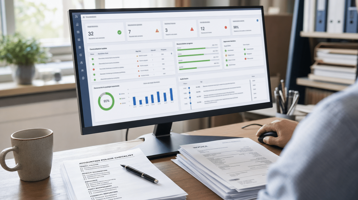 Laptop showing an internal controls dashboard for accounting procedures