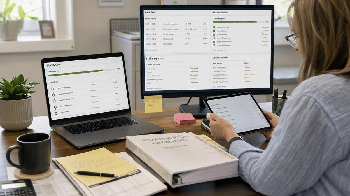 Modern accounting software dashboard showing controls audit trail and monthly close workflow