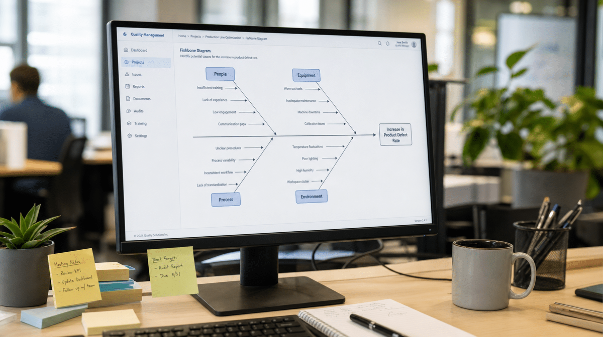 Fishbone diagram showing cause categories for business problem analysis