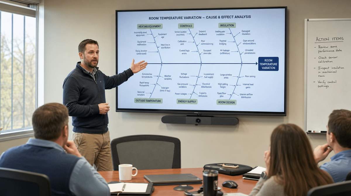 Manager presenting a filled cause and effect diagram for temperature variation causes