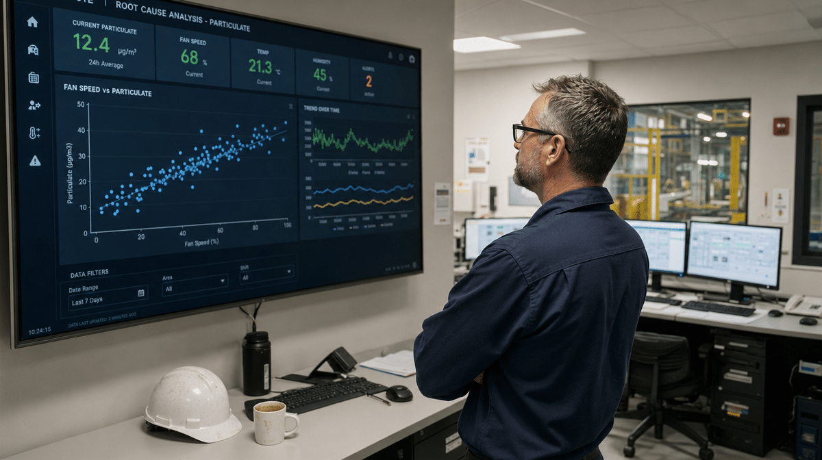 Operations dashboard comparing fan speed with particulate count during root cause analysis