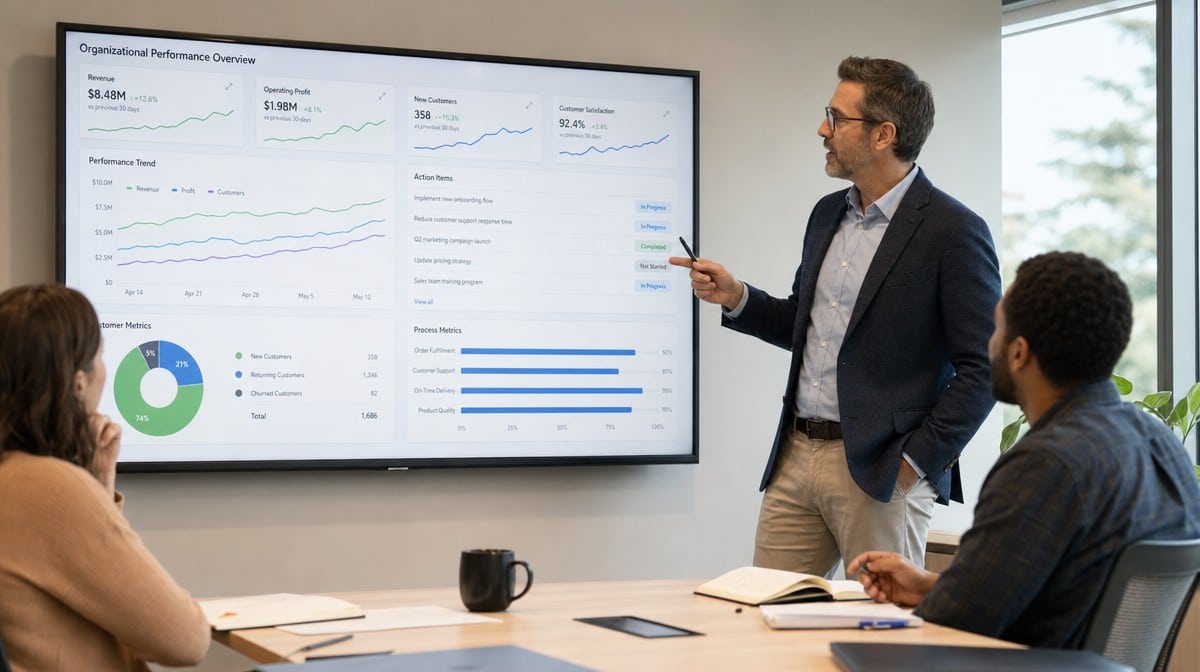 Manager reviewing organizational performance dashboard with team