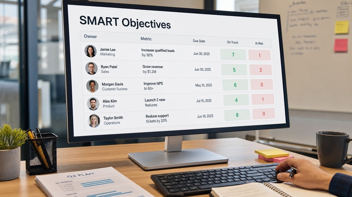 SMART objectives dashboard showing goals owners metrics and due dates