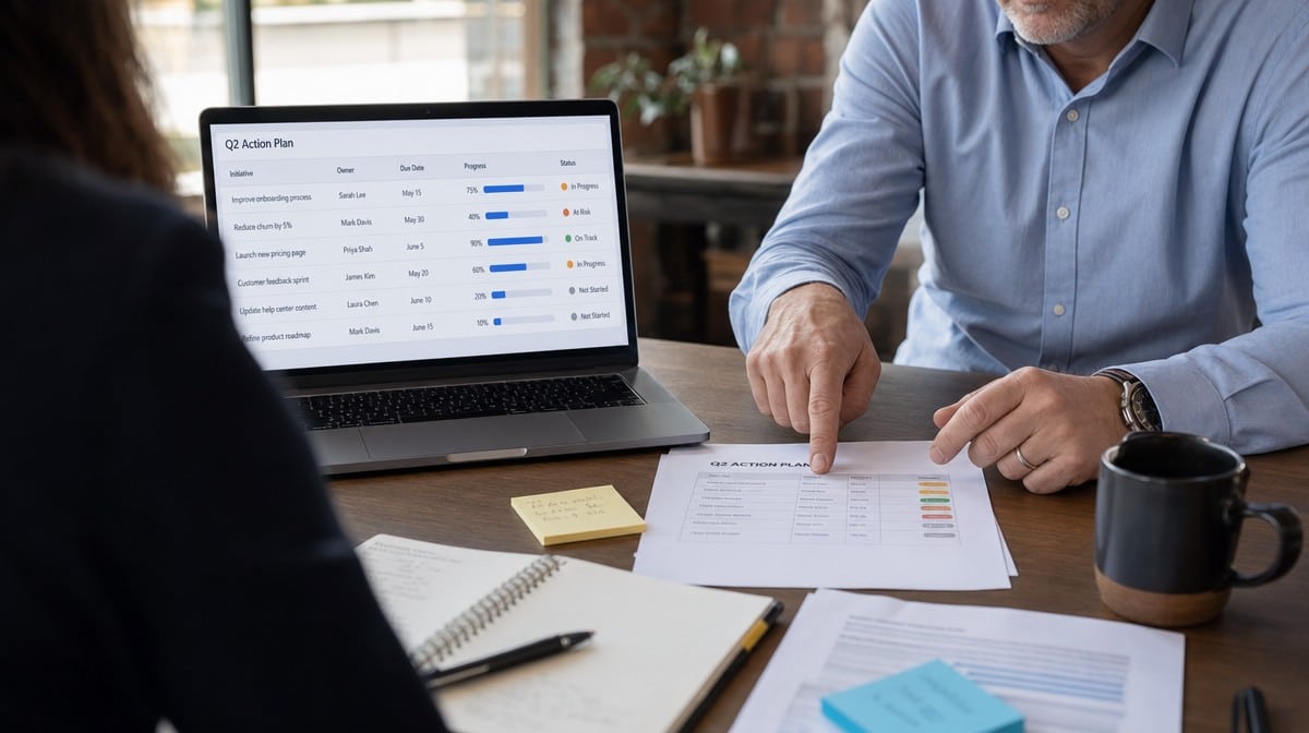Action plan dashboard showing owners deadlines and progress status