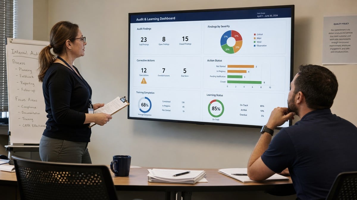 Quality manager reviewing audit findings and training progress dashboard