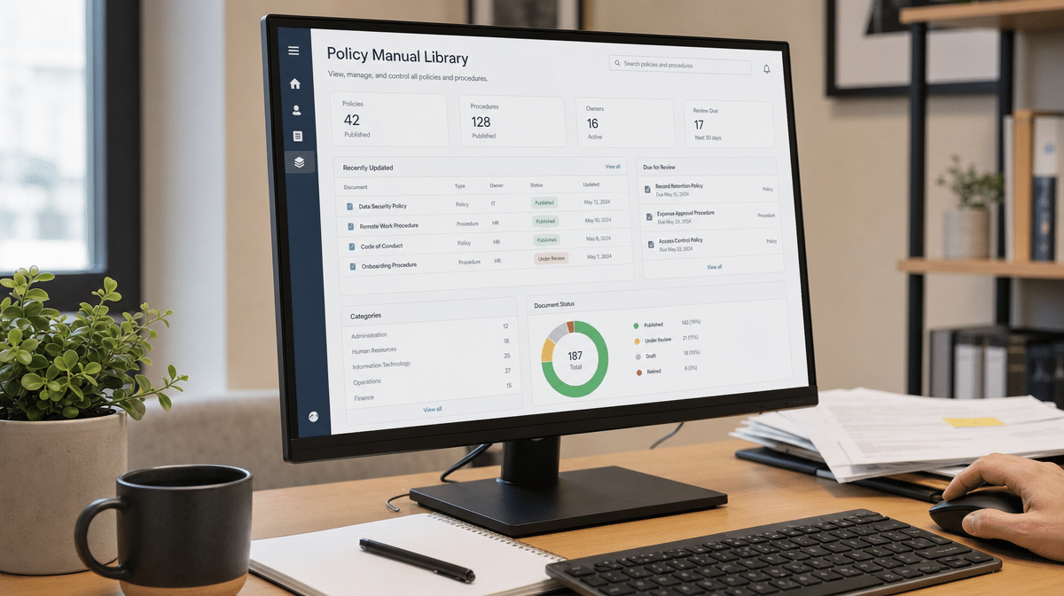 Policy manual library dashboard on an office monitor