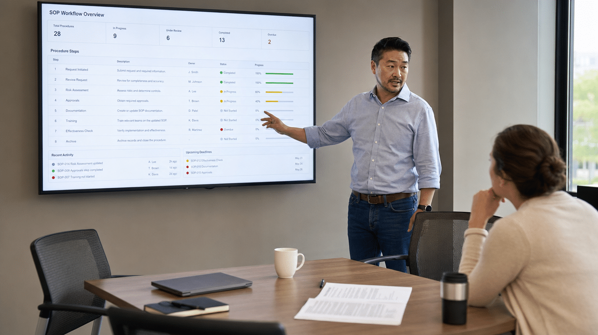 Manager presenting a standard operating procedure workflow on a wall display