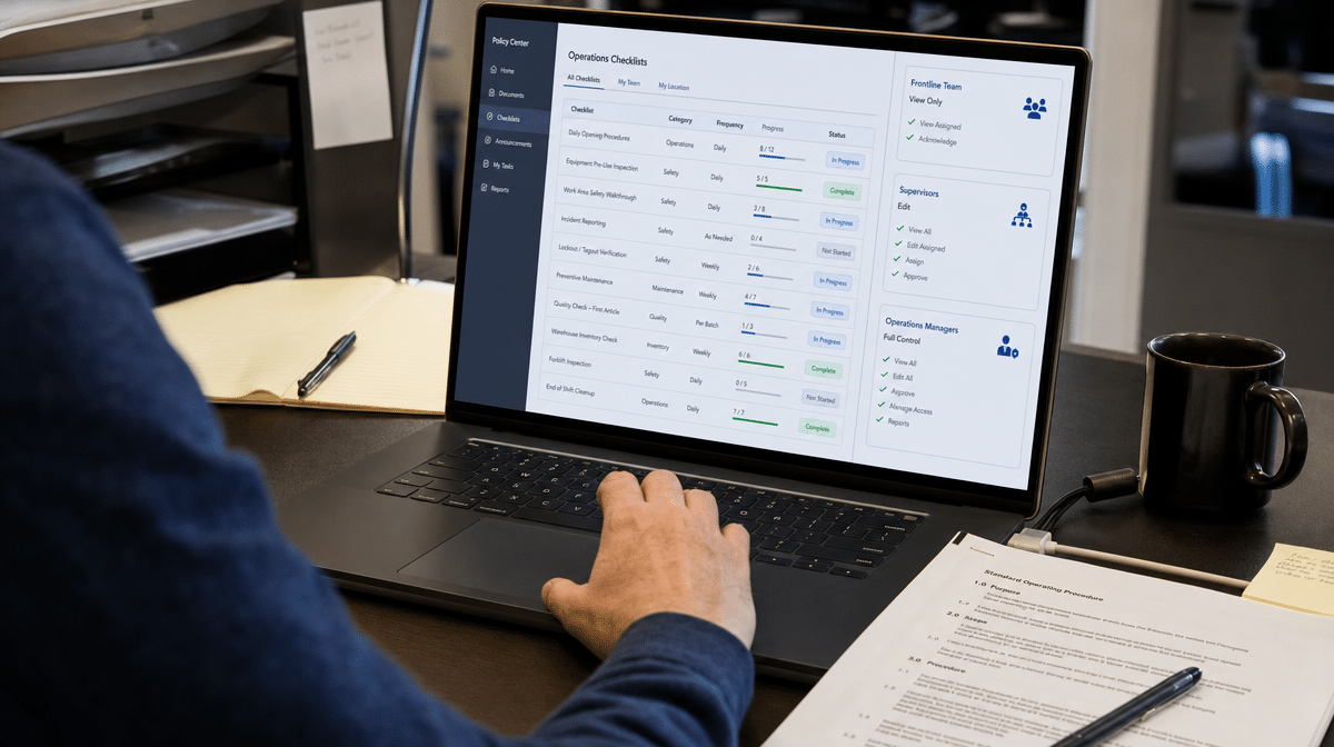 Role-based procedure checklist dashboard on an office computer