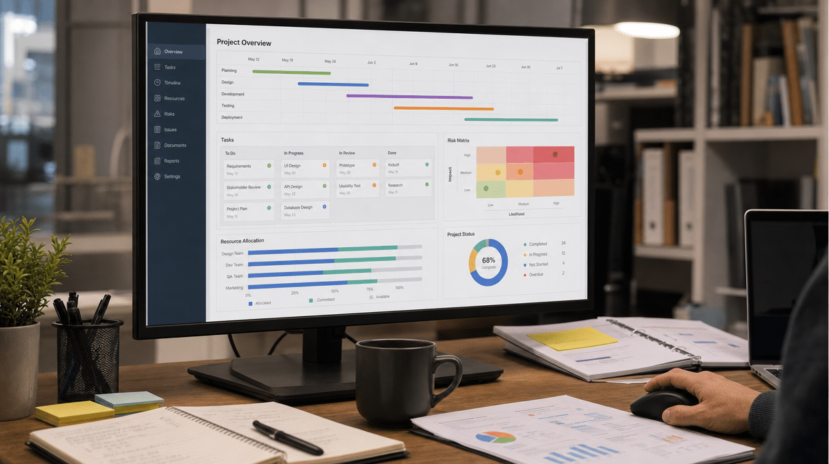 Project plan dashboard showing timeline, tasks, risks, and resource allocation