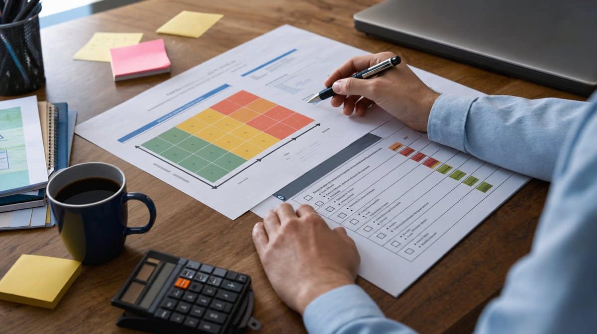 Manager reviewing a risk assessment worksheet with a likelihood and impact matrix