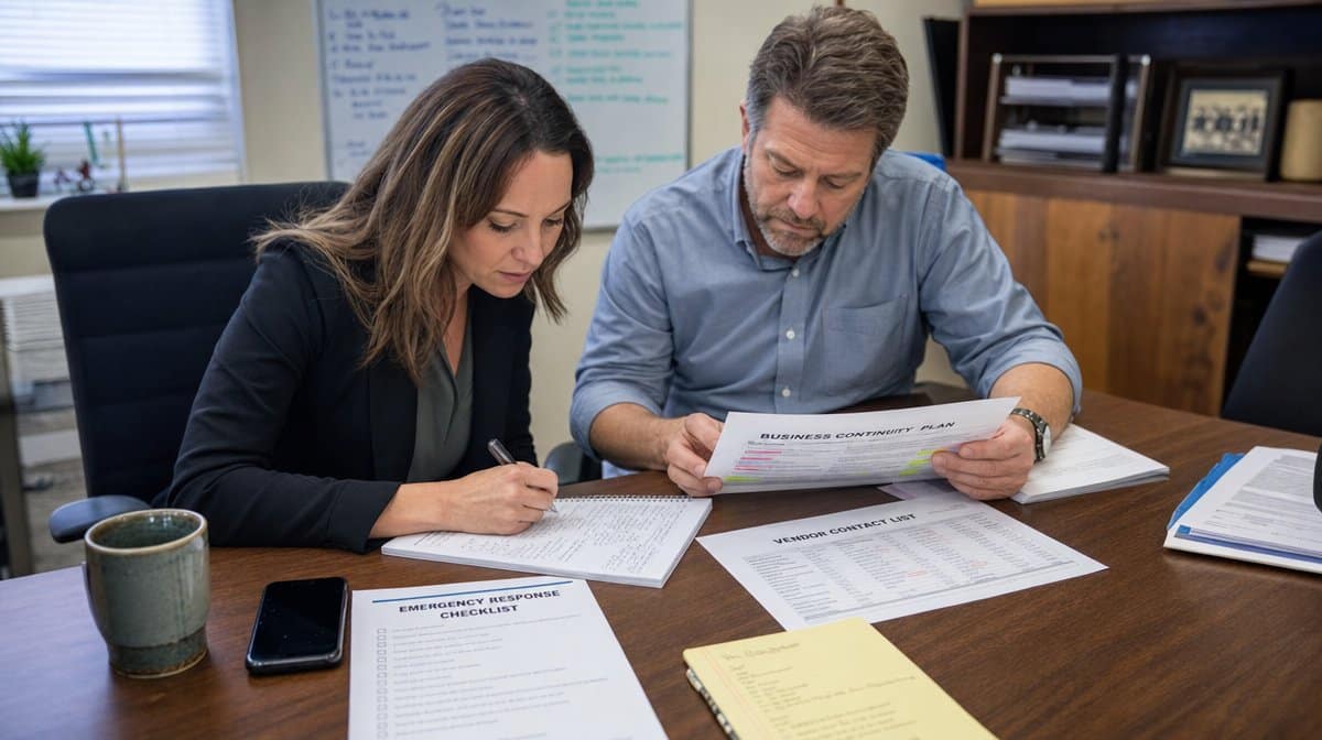 Operations managers reviewing an emergency response checklist and continuity plan