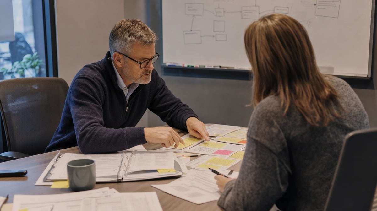Quality manager reviewing root cause notes and preventive action forms with a colleague